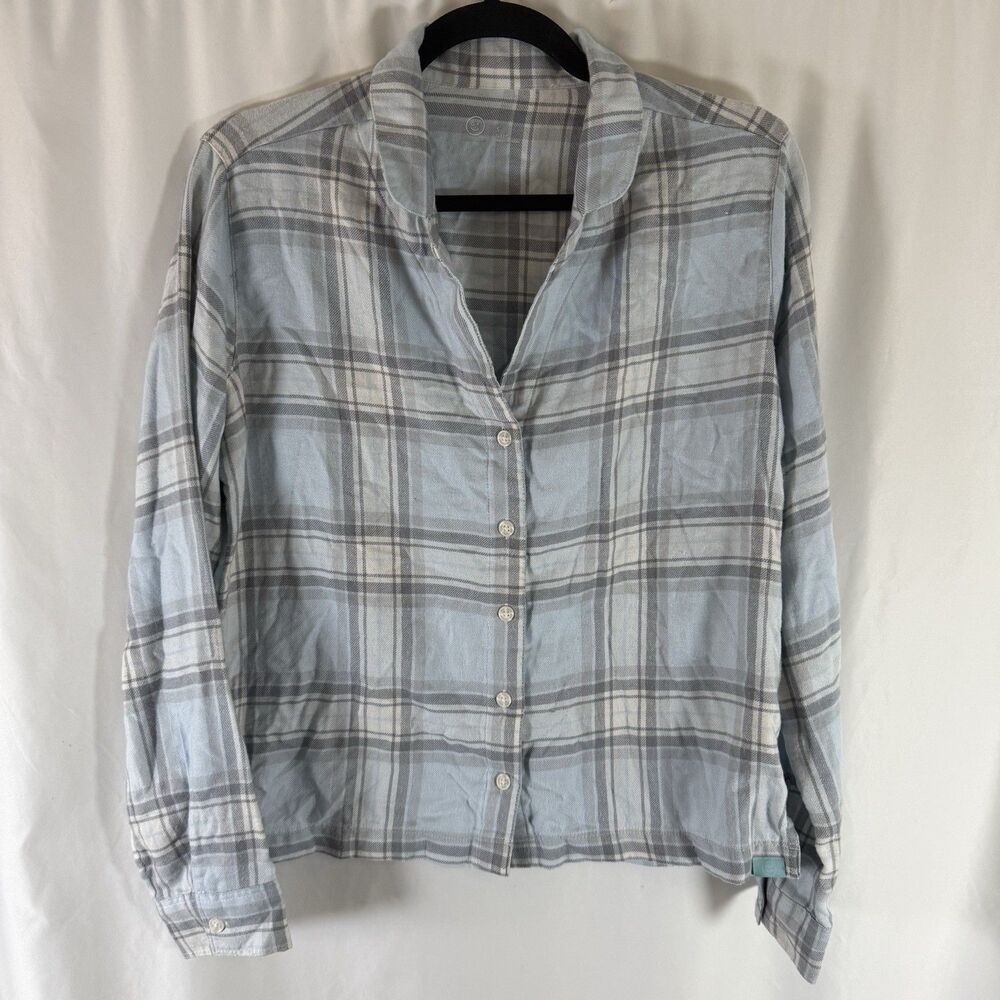 Gilly Hicks Pajama Top Women's Small Blue Grey Plaid Long Sleeve Button Up